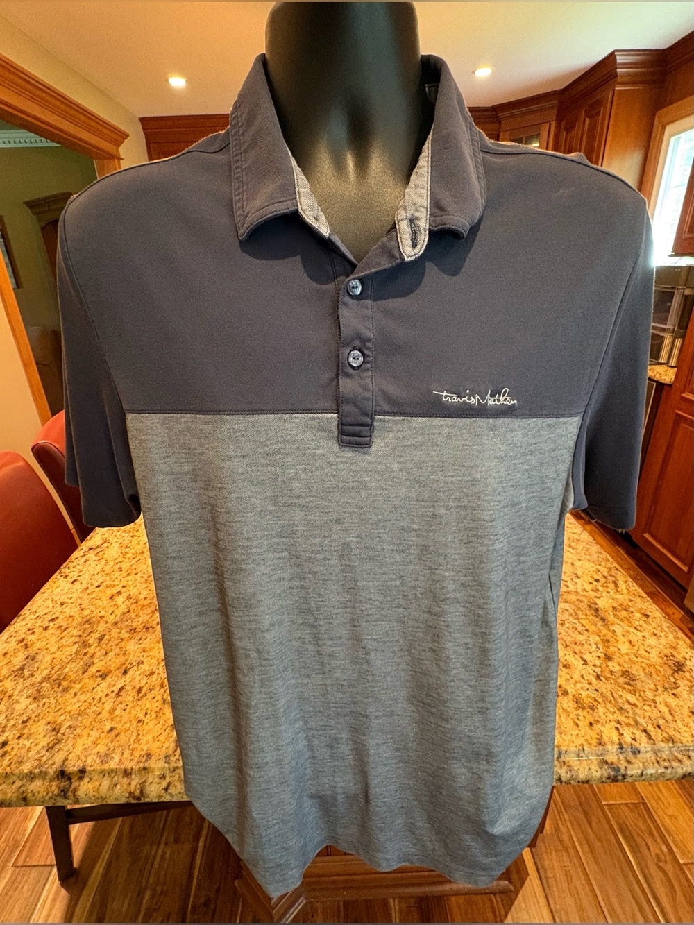 Travis Mathew Two-Tone Navy and Heather Gray Polo. Large - Picture 3 of 7